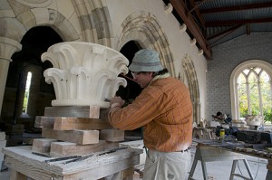 Frank Helmholz carving a capital at the Abbey of New Clairvaux in Vina (11/5/09)